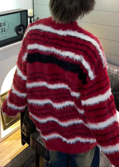 Cozy Red Striped Thick Mink Hair Knitted Sweaters Fall