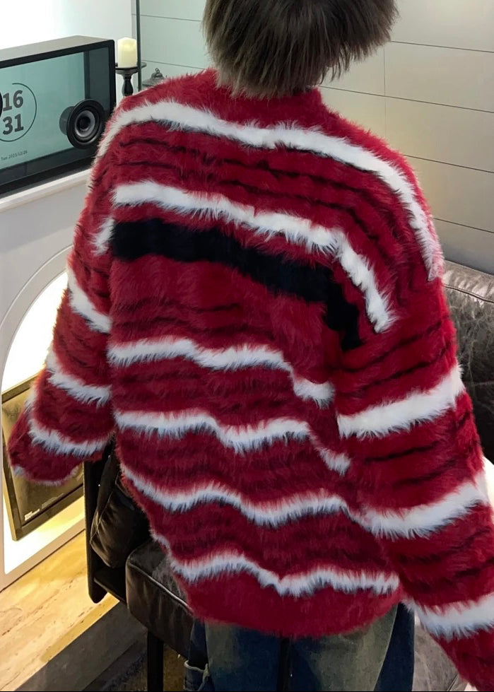 Cozy Red Striped Thick Mink Hair Knitted Sweaters Fall