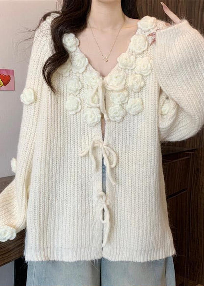 Cozy White Decorated Lace Up Knit Cardigan Fall