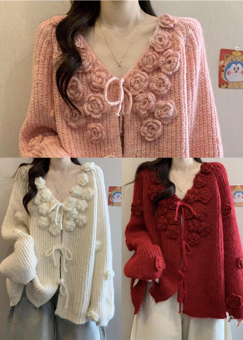 Cozy White Decorated Lace Up Knit Cardigan Fall
