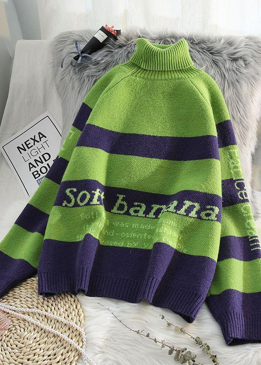 Cozy Alphabet Green Knitwear Loose Fitting High Neck Knitted T Shirt