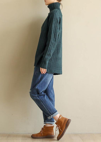 Cozy Army Green Knitted Top High Neck Spring Sweaters