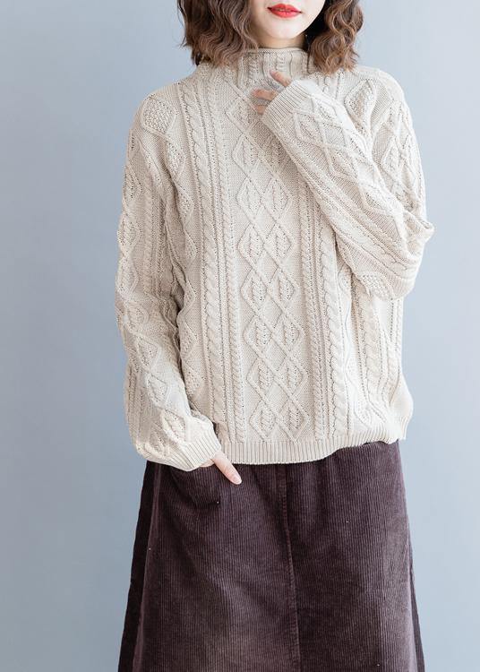 Cozy Beige Blouse High Neck Button Downfall Knit Tops