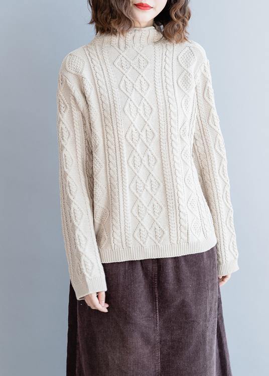 Cozy Beige Blouse High Neck Button Downfall Knit Tops