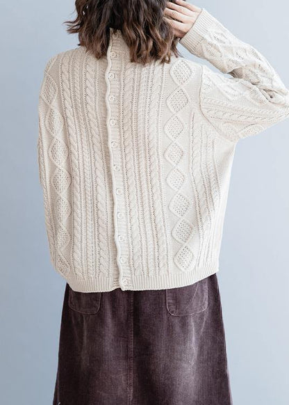 Cozy Beige Blouse High Neck Button Downfall Knit Tops