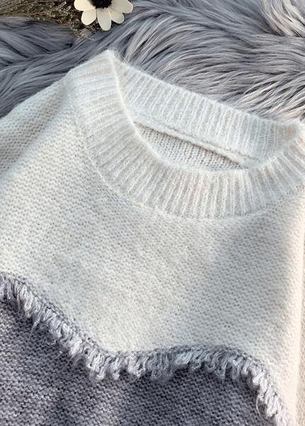 Cozy Beige Sweater Tops Loose Fitting Patchwork Knit Tops