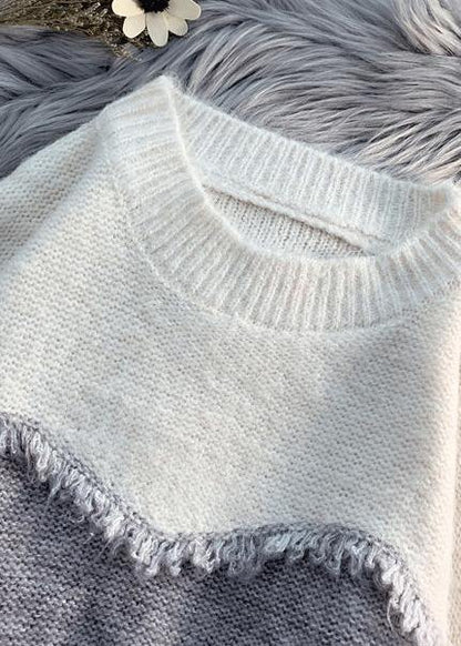Cozy Beige Sweater Tops Loose Fitting Patchwork Knit Tops