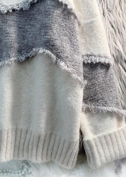Cozy Beige Sweater Tops Loose Fitting Patchwork Knit Tops