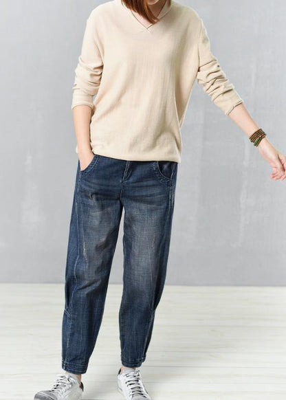 Cozy Beige Sweater Autumn Knitted V Neck