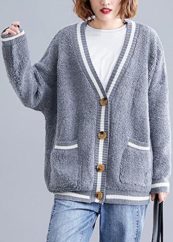 Cozy Big Pockets Gray V Neck Knitwear Clothing Fall Knitted Jackets