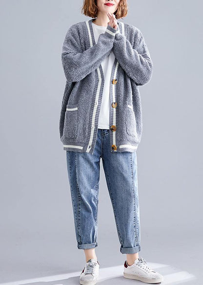 Cozy Big Pockets Gray V Neck Knitwear Clothing Fall Knitted Jackets