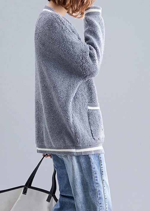 Cozy Big Pockets Gray V Neck Knitwear Clothing Fall Knitted Jackets
