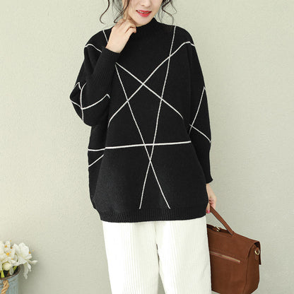Cozy Black Knitted Outwear Loose Fitting O Neck Knitted Tops