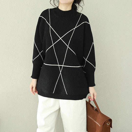Cozy Black Knitted Outwear Loose Fitting O Neck Knitted Tops