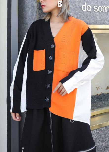 Cozy Black Patchwork Knitted T Shirt V Neck Button Knitwear