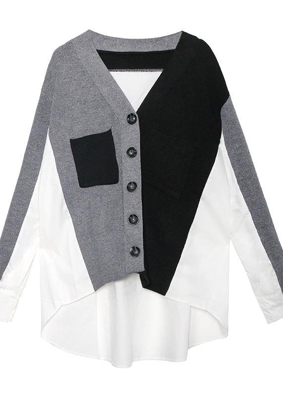 Cozy Black Patchwork Knitted T Shirt V Neck Button Knitwear