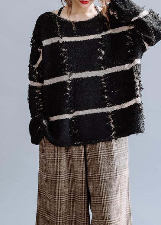 Cozy Black Striped Knit Top Silhouette O Neck Fall Sweaters
