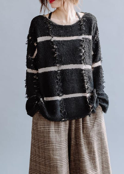 Cozy Black Striped Knit Top Silhouette O Neck Fall Sweaters