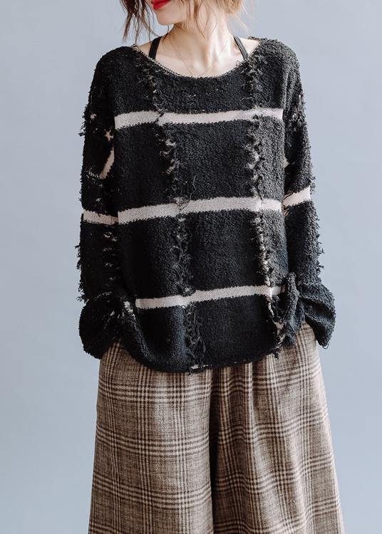 Cozy Black Striped Knit Top Silhouette O Neck Fall Sweaters