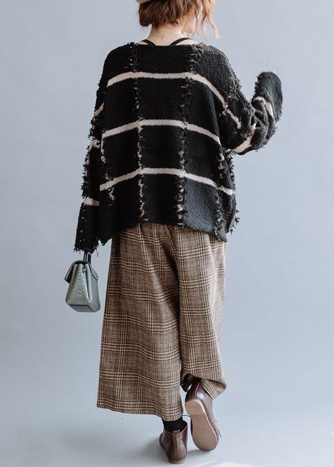 Cozy Black Striped Knit Top Silhouette O Neck Fall Sweaters