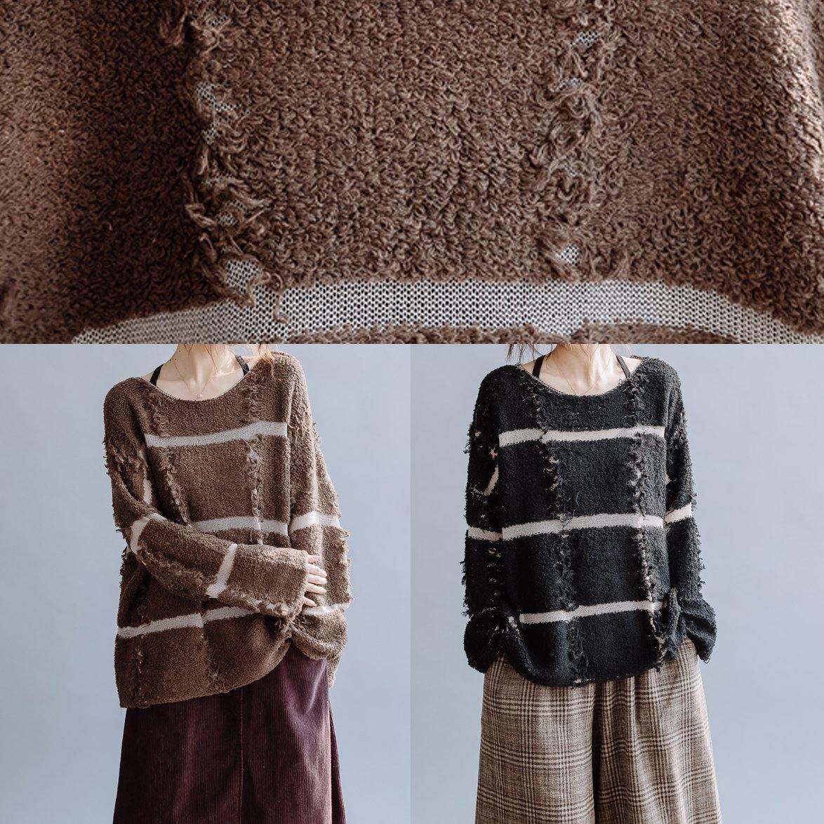 Cozy Black Striped Knit Top Silhouette O Neck Fall Sweaters