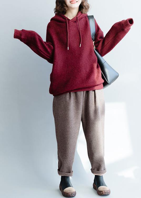 Cozy Burgundy Knit Blouse Wild Clothing Hooded Knitted Blouse