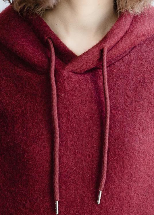 Cozy Burgundy Knit Blouse Wild Clothing Hooded Knitted Blouse