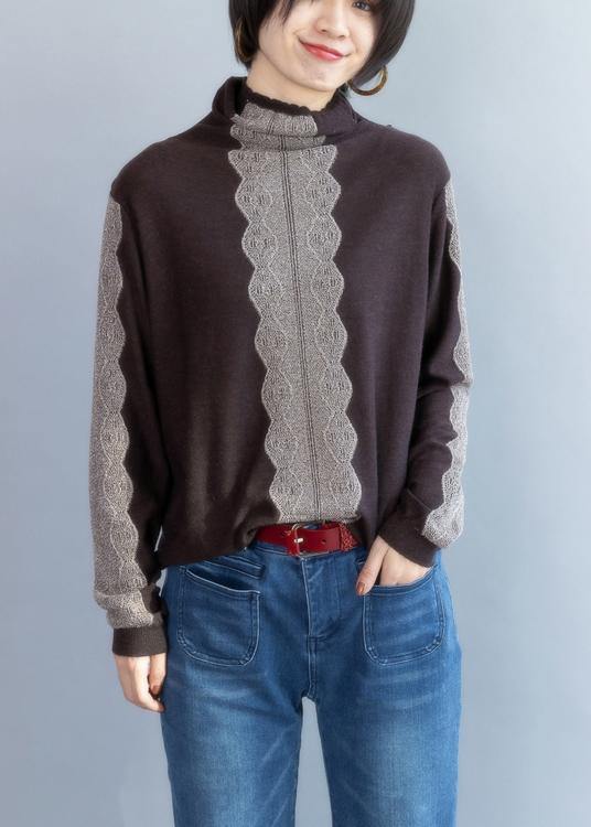 Cozy Chocolate Knitted T Shirt High Neck Knit Sweat Tops