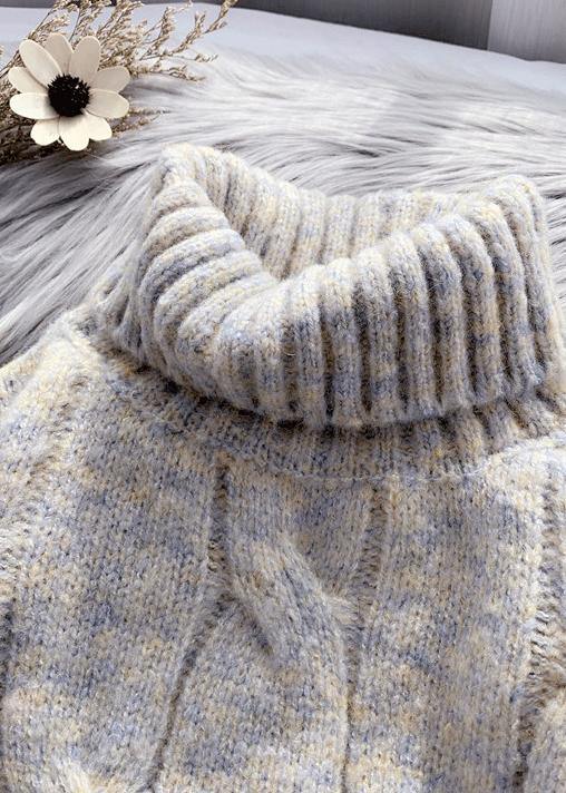 Cozy Fall Beige Knit Tops High Neck Patchwork Blouse