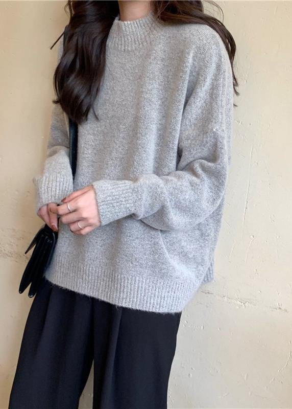 Cozy Fall Gray Knit Tops Fall High Neck Knit Blouse