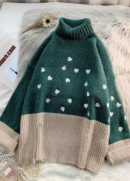 Cozy Green Heart Print Knitted T Shirt High Neck Patchwork Oversize Knitwear