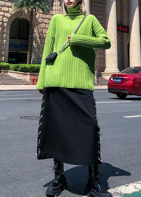 Cozy Green Knit Tops Oversize High Neck Thick Knitted Pullover