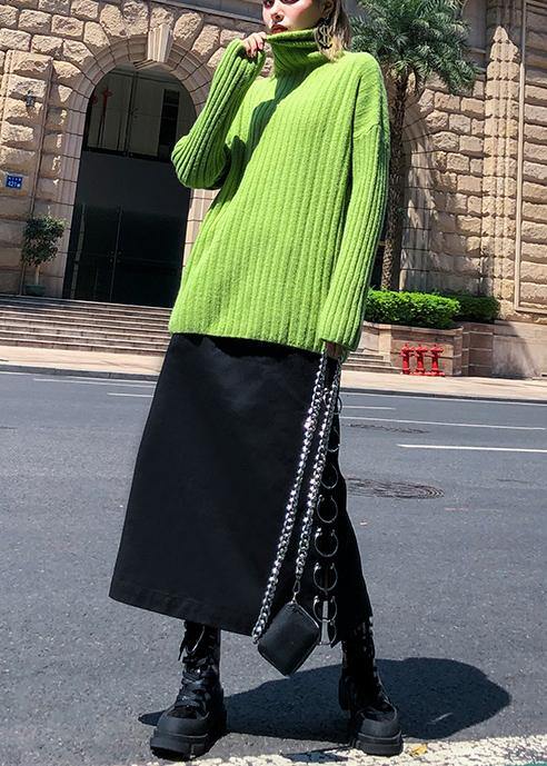 Cozy Green Knit Tops Oversize High Neck Thick Knitted Pullover