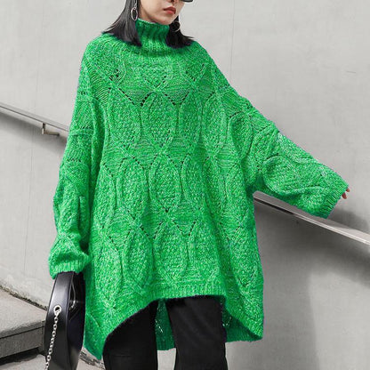Cozy Green Knitwear High Neck Low High Design Knit Top Silhouette