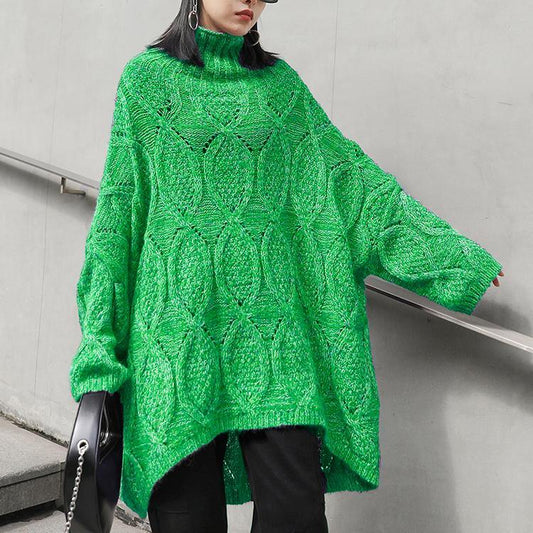 Cozy Green Knitwear High Neck Low High Design Knit Top Silhouette