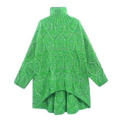 Cozy Green Knitwear High Neck Low High Design Knit Top Silhouette