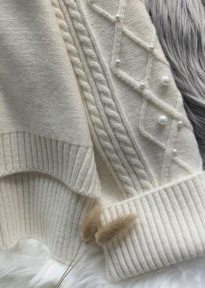 Cozy High Neck Beige Knitwear Spring Low High Design Knit Tops