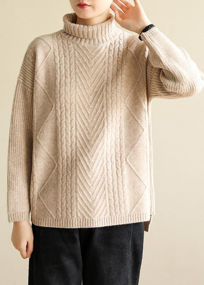 Cozy High Neck Nude Knitwear Cable Knitted Clothes