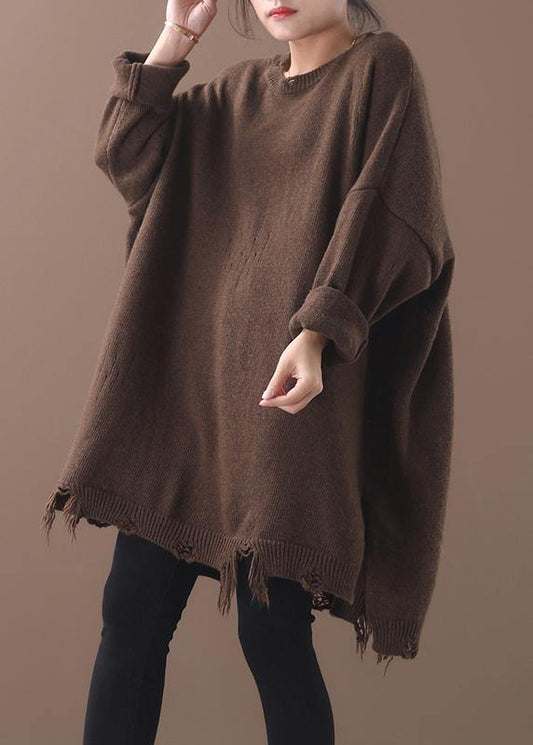 Cozy Khaki Box Top Loose Fitting Batwing Sleeve Sweaters Hem Hole