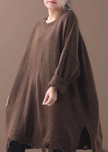 Cozy Khaki Box Top Loose Fitting Batwing Sleeve Sweaters Hem Hole
