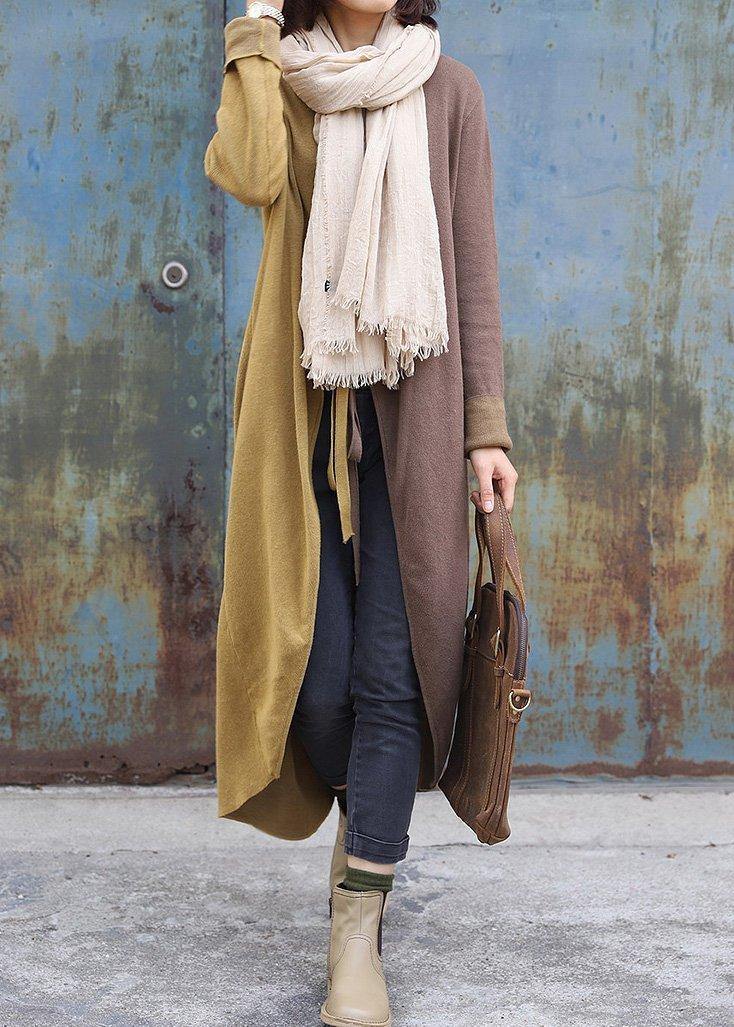 Cozy Khaki Patchwork Yellow Fall O Neck Asymmetric Hem Knit Outwear