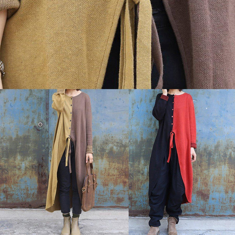 Cozy Khaki Patchwork Yellow Fall O Neck Asymmetric Hem Knit Outwear