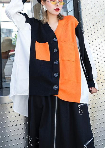 Cozy Knitwear Black V Neck Patchwork Knitted Jackets