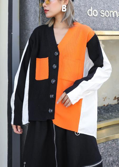 Cozy Knitwear Black V Neck Patchwork Knitted Jackets