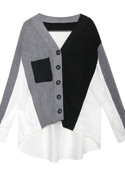 Cozy Knitwear Black V Neck Patchwork Knitted Jackets