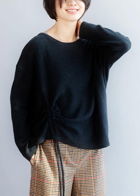 Cozy O Neck Black Sweaters Fall Drawstring Knitted Pullover