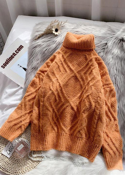 Cozy Orange Knitted Top Thick Spring High Neck Sweaters
