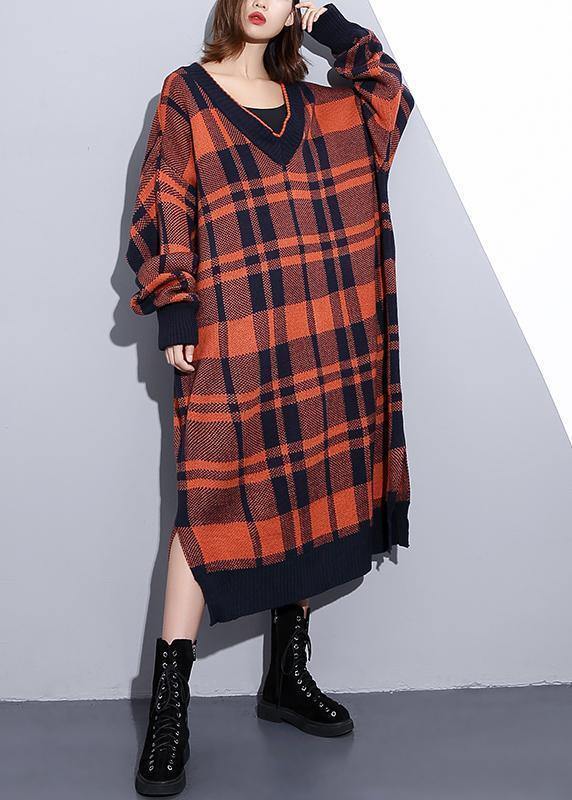 Cozy Orange Plaid Sweater Weather Design V Neck Side Open Art Knit Dresses