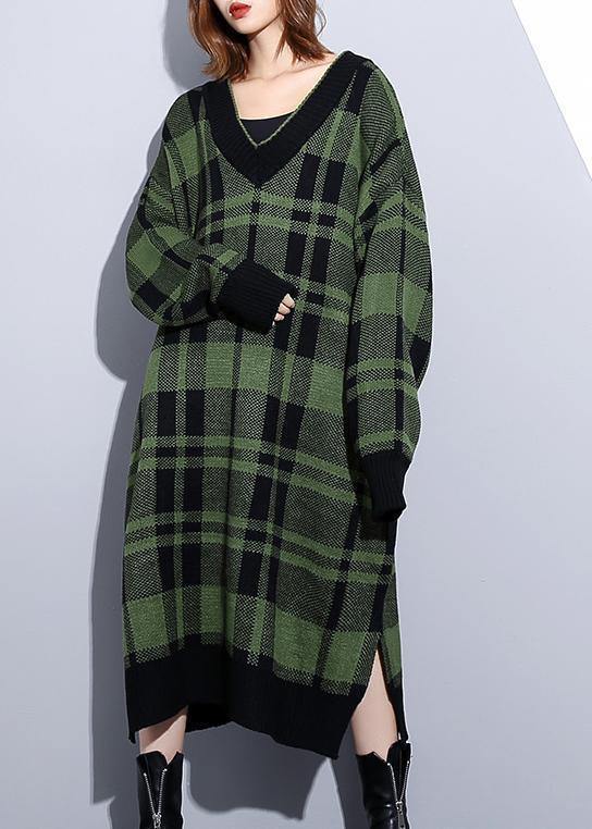 Cozy Orange Plaid Sweater Weather Design V Neck Side Open Art Knit Dresses
