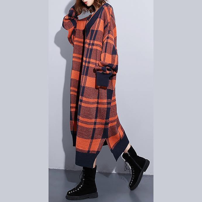 Cozy Orange Plaid Sweater Weather Design V Neck Side Open Art Knit Dresses